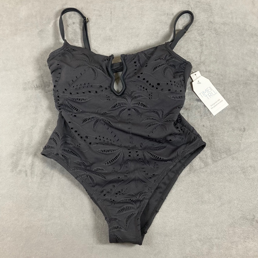 Time and Tru Black Eyelet Palm Tree OnePiece Swimsuit Keyhole Cutout Medium 8-10